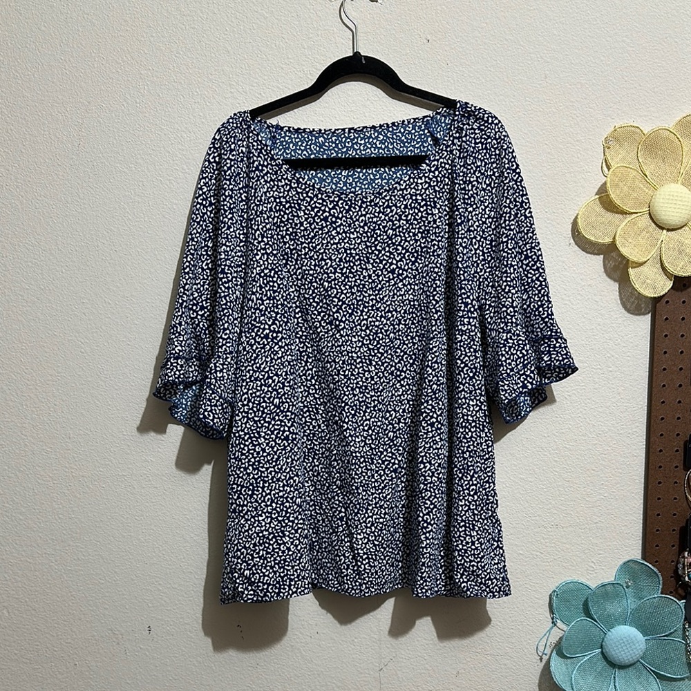 SHEIN Blue and White Relaxed Blouse‎ with Bell Sleeves
